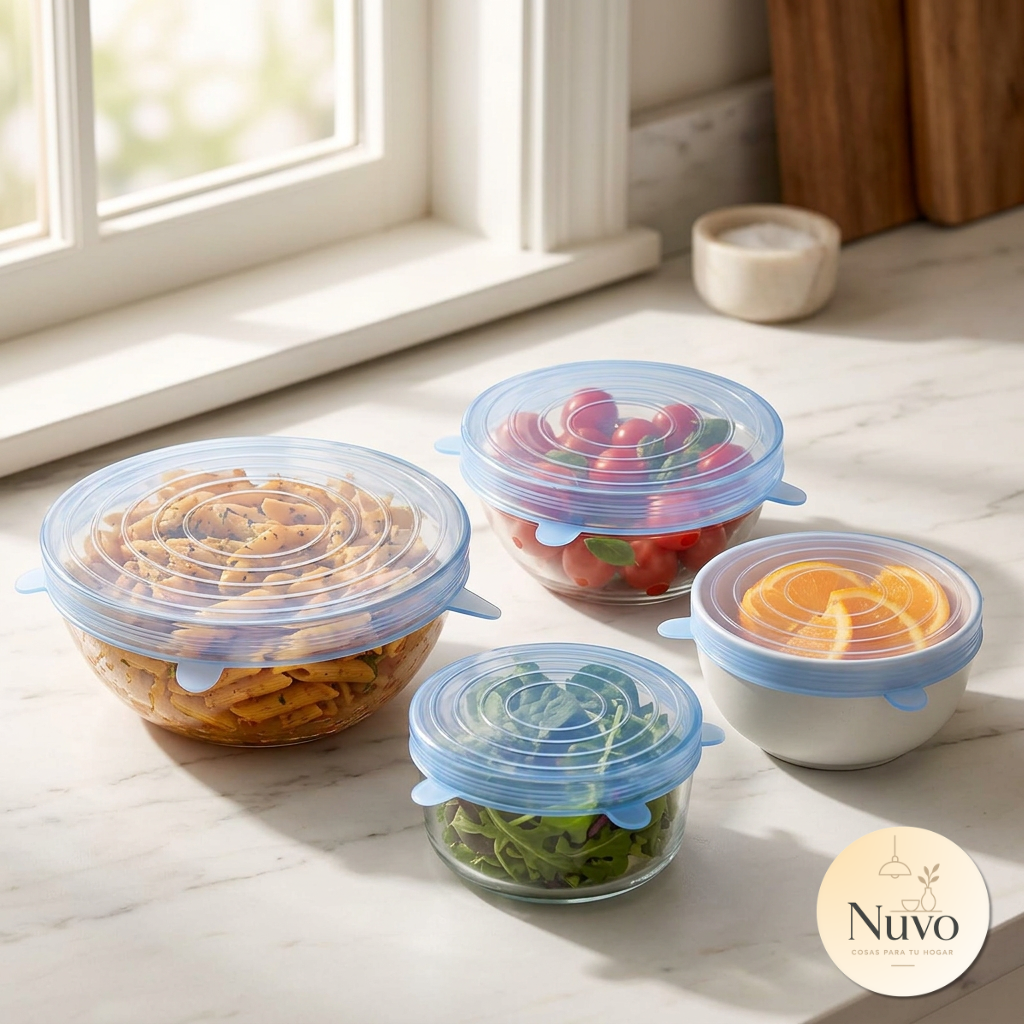 Set de tapas de silicona Nuvo de distintos tamaños cubriendo recipientes con pasta, tomates y ensalada