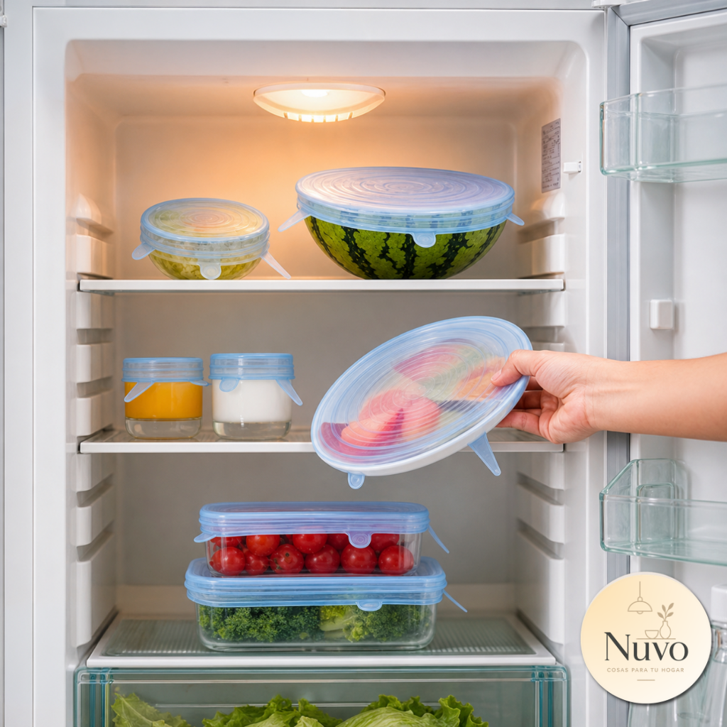 Tapas de silicona Nuvo organizando alimentos frescos dentro del refrigerador