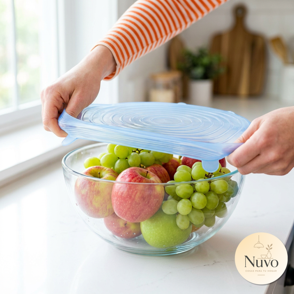 Tapa de silicona Nuvo cubriendo un bowl de frutas frescas