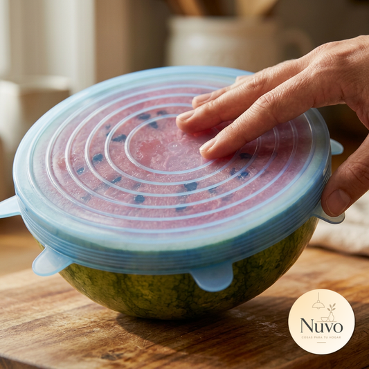 Tapa de silicona Nuvo estirada cubriendo media sandía sobre una mesa de madera