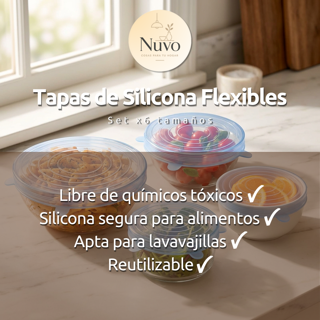 Infografía Tapas de Silicona Flexibles Nuvo: libres de químicos tóxicos, seguras para alimentos, aptas para lavavajillas y reutilizables
